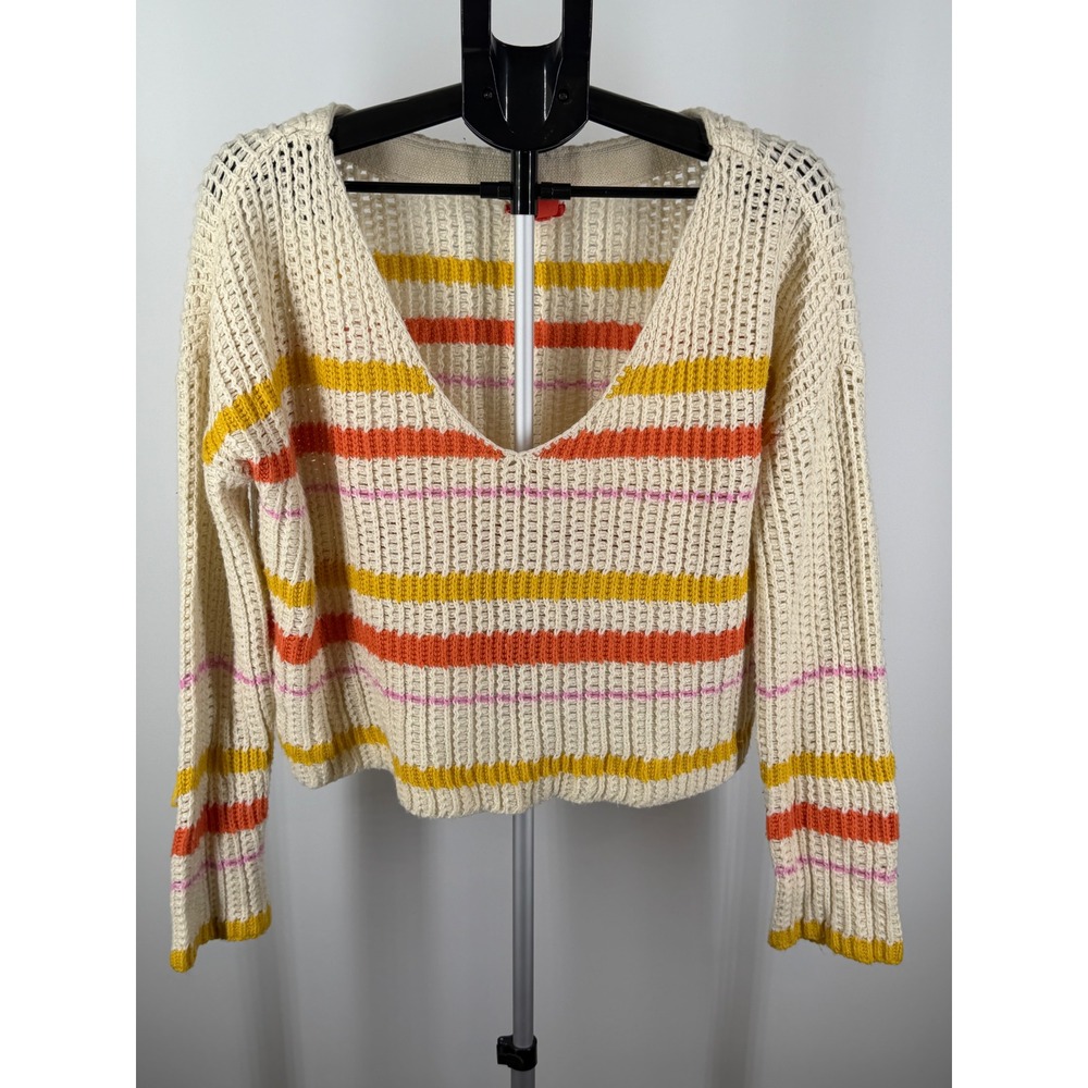 Chelsea & Violet Striped Open Knit V-Neck Sweater Cream Orange Yellow Large